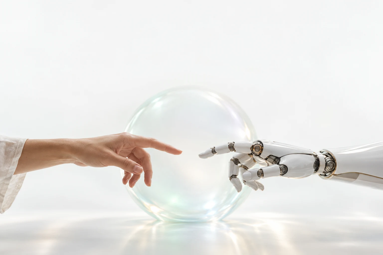 Una mano humana y una robótica se acercan frente a una esfera de cristal.